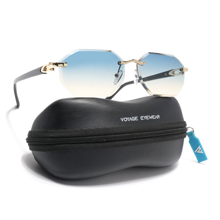 Rimless Sunglasses for Men & Women (Blue & Brown Lens | Golden Frame - MG7044)