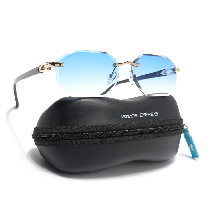 Rimless Sunglasses for Men & Women (Blue & Clear Lens | Golden Frame - MG7046)