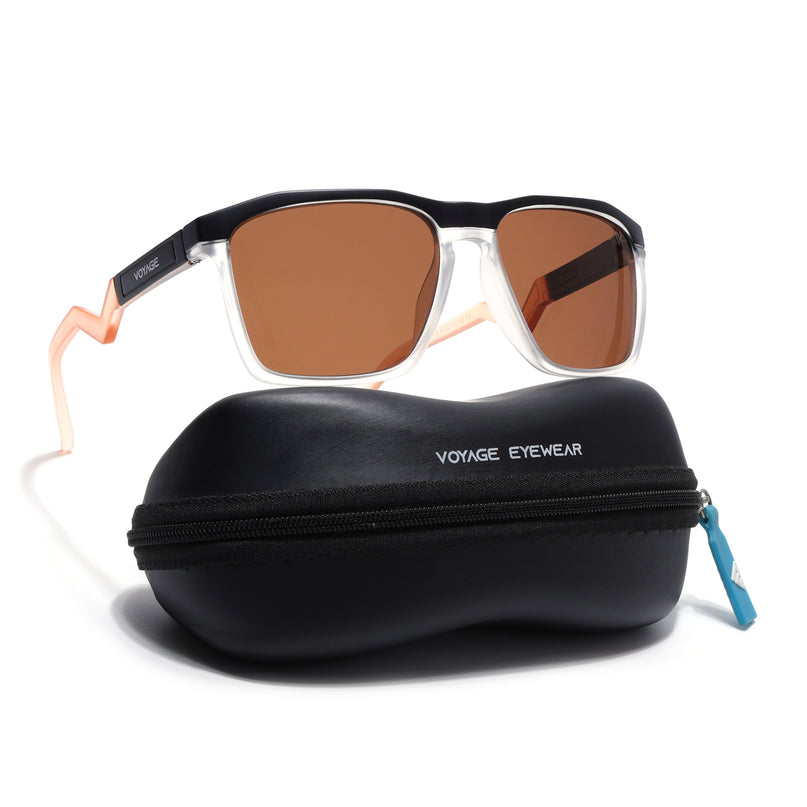 Wayfarer Polarized Sunglasses | Brown Lens | Black & Transparent Frame - PMG6756