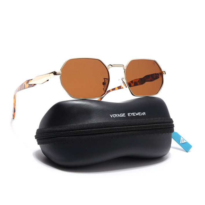 Voyage Rectangle Sunglasses for Men & Women (Brown Lens | Golden Frame - MG7388)