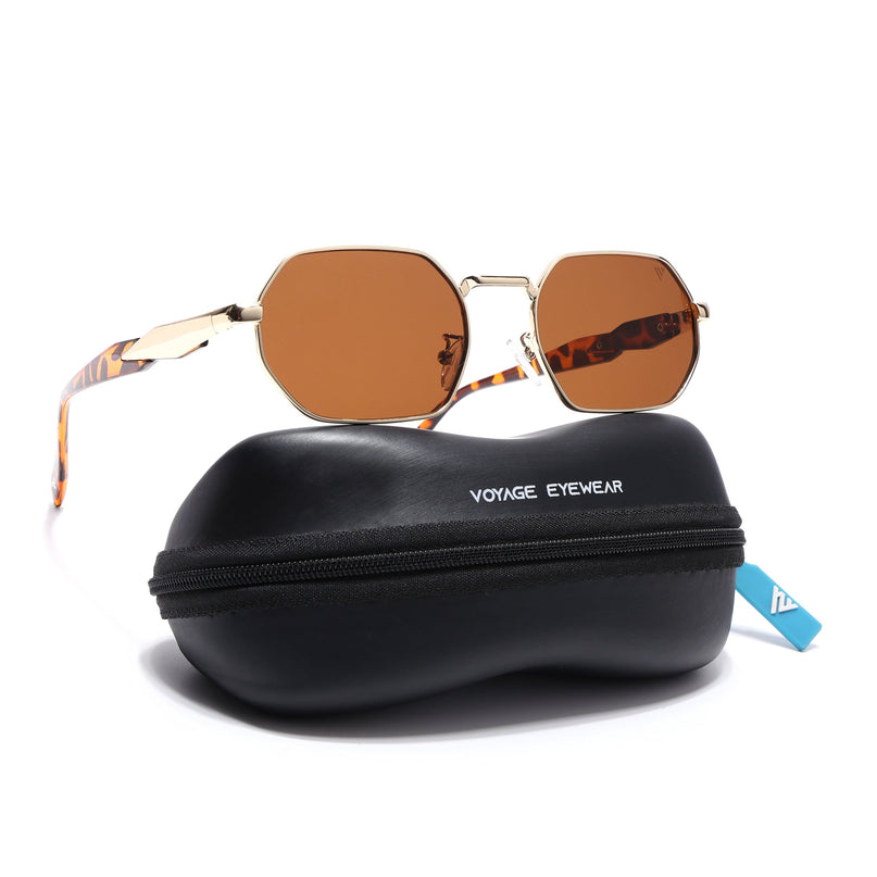 Voyage Rectangle Sunglasses for Men & Women (Brown Lens | Golden Frame - MG7388)