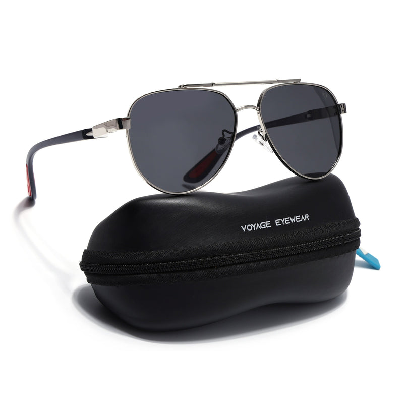 Aviator Polarized Sunglasses for Men & Women (Black Lens | Silver Frame - PMG7140)