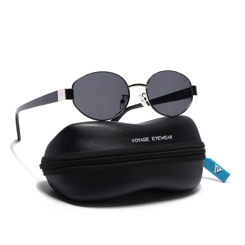 Sable | Oval Sunglasses for Men & Women (Black Lens | Silver Frame - MG7375)