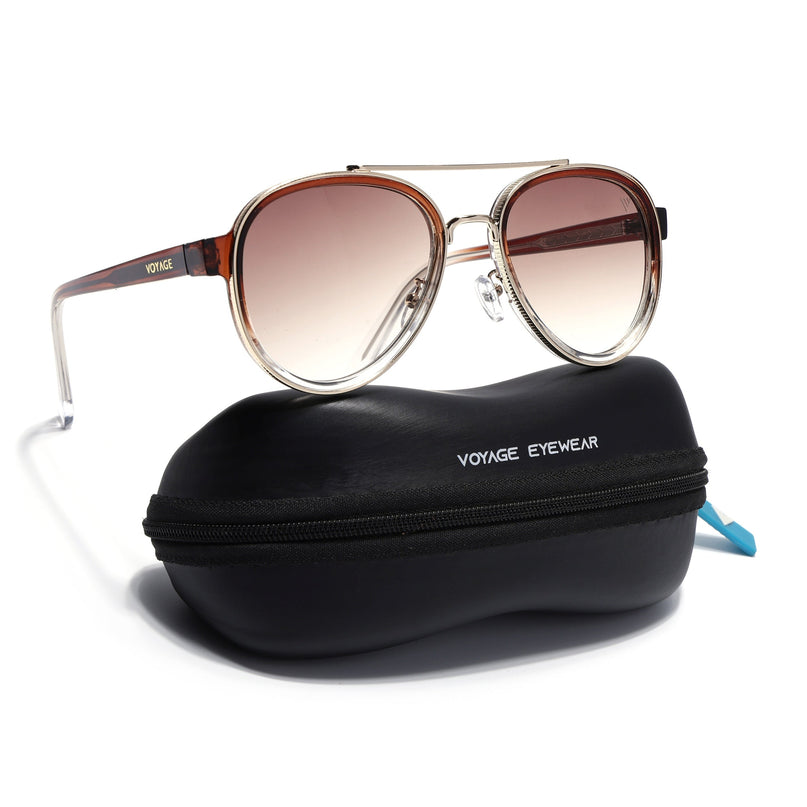 Aviator Sunglasses for Men & Women (Brown & Clear Lens | Golden & Brown Frame - MG7152)