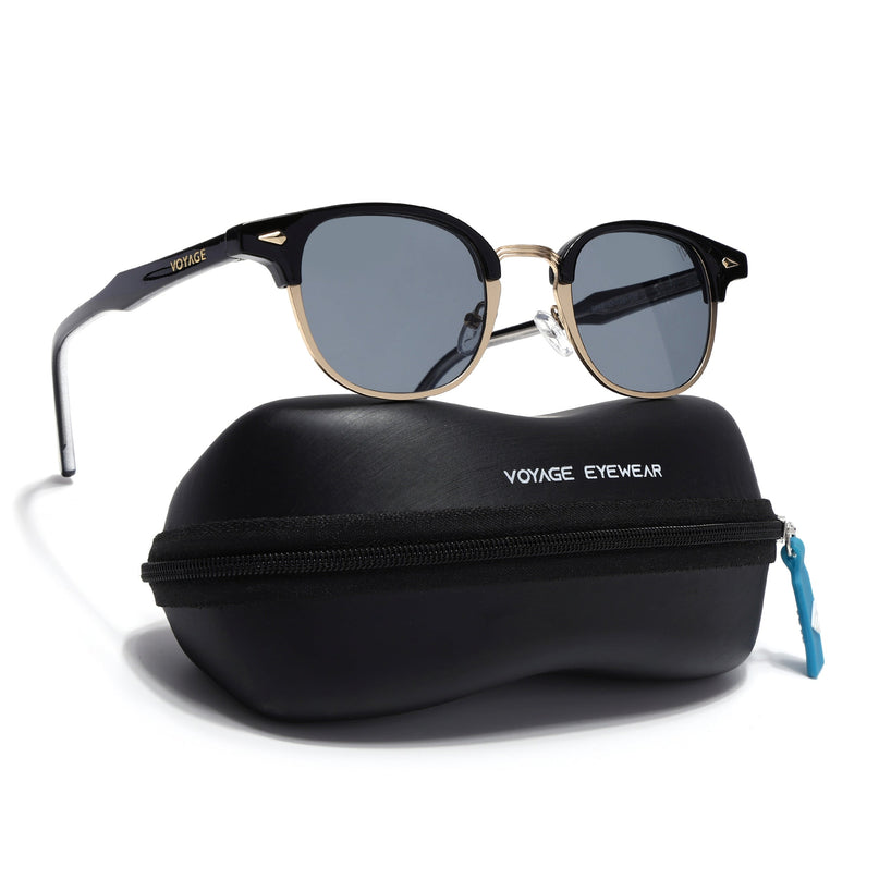 Half Rim Sunglasses for Men & Women (Grey Lens | Golden & Black Frame - MG7101)