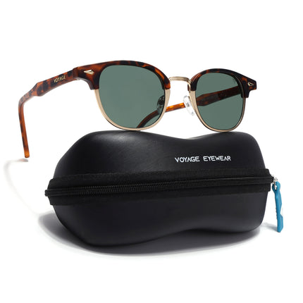 Half Rim Sunglasses for Men & Women (Green Lens | Golden & Demi Brown Frame - MG7104)