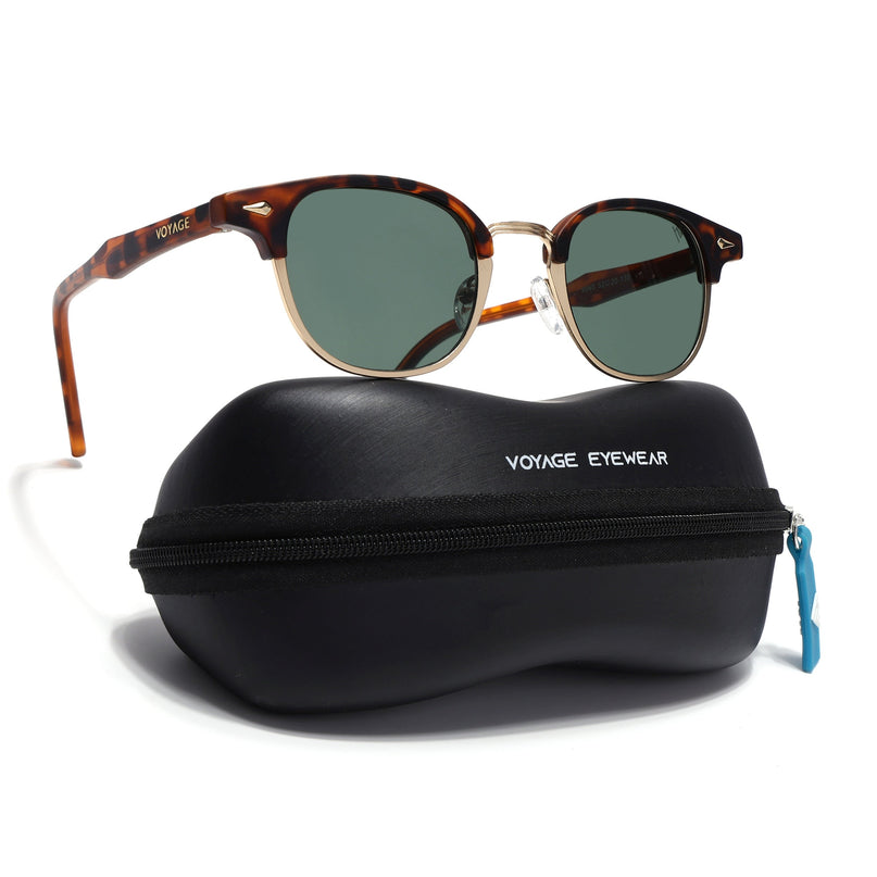 Half Rim Sunglasses for Men & Women (Green Lens | Golden & Demi Brown Frame - MG7104)
