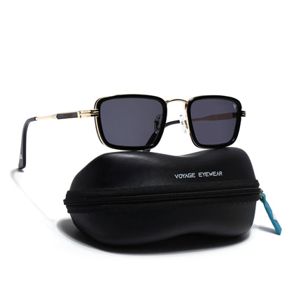 Rectangle Sunglasses for Men & Women (Grey Lens | Golden & Black Frame - MG7580)