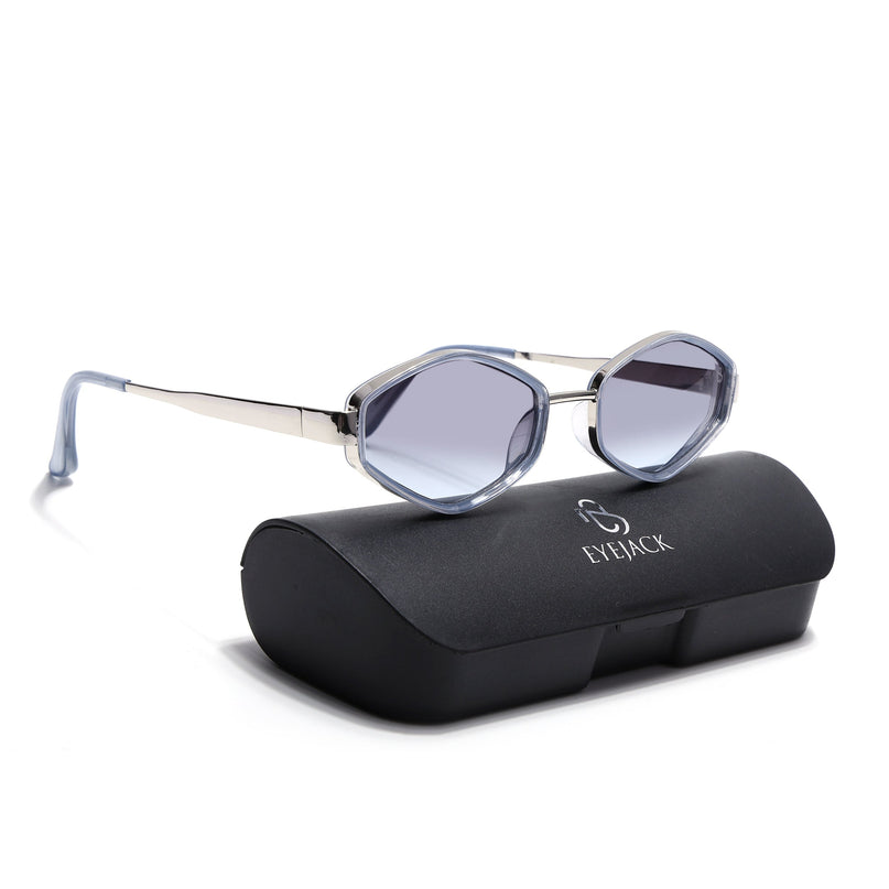 Eyejack Silver & Blue Hexagonal Sunglasses for Men & Women (C554CL2228)