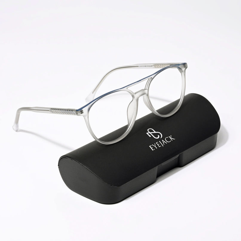 Eyejack Swift Grey & Blue Round Eyeglasses for Men & Women (MB23002CL139-C4)