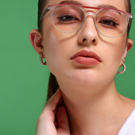 Eyejack Swift Matt Transparent & Red Oval Eyeglasses for Men & Women (MB23002CL140-C5)