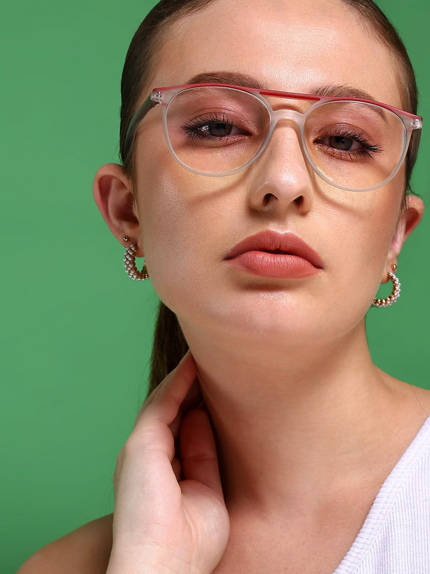 Eyejack Swift Matt Transparent & Red Oval Eyeglasses for Men & Women (MB23002CL140-C5)