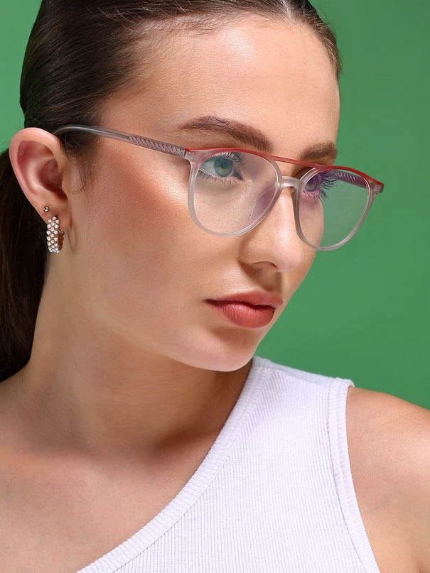 Eyejack Swift Matt Transparent & Red Oval Eyeglasses for Men & Women (MB23002CL140-C5)