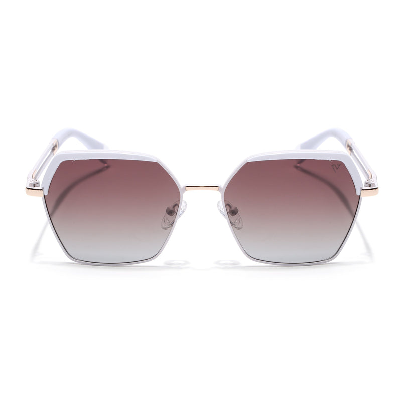 Hexagonal Polarized Sunglasses for Men & Women (Brown & Clear Lens | White Frame - SLPMG7205)