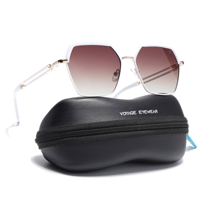 Hexagonal Polarized Sunglasses for Men & Women (Brown & Clear Lens | White Frame - SLPMG7205)