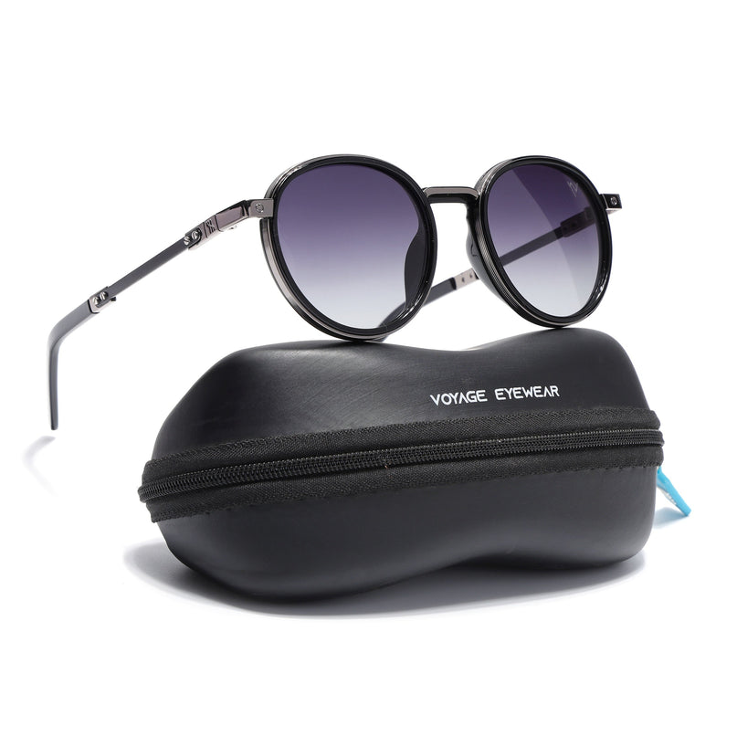 Round Polarized Sunglasses for Men & Women (Grey & Clear Lens | Black Frame - SLPMG7209)