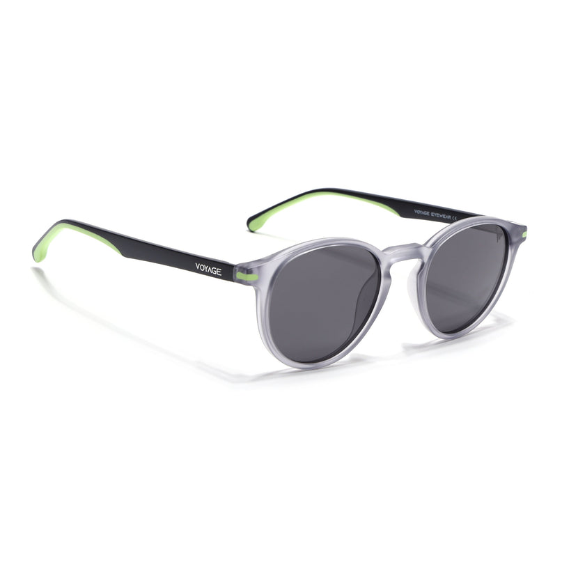 Round Polarized Sunglasses for Men & Women (Black Lens | Light Grey Frame - PMG7409)