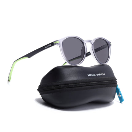 Round Polarized Sunglasses for Men & Women (Black Lens | Light Grey Frame - PMG7409)