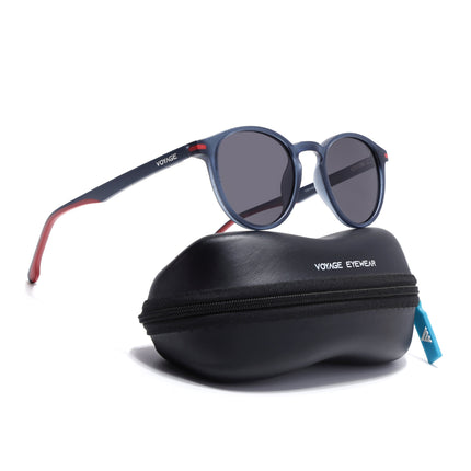 Round Polarized Sunglasses for Men & Women (Black Lens | Blue Frame - PMG7410)