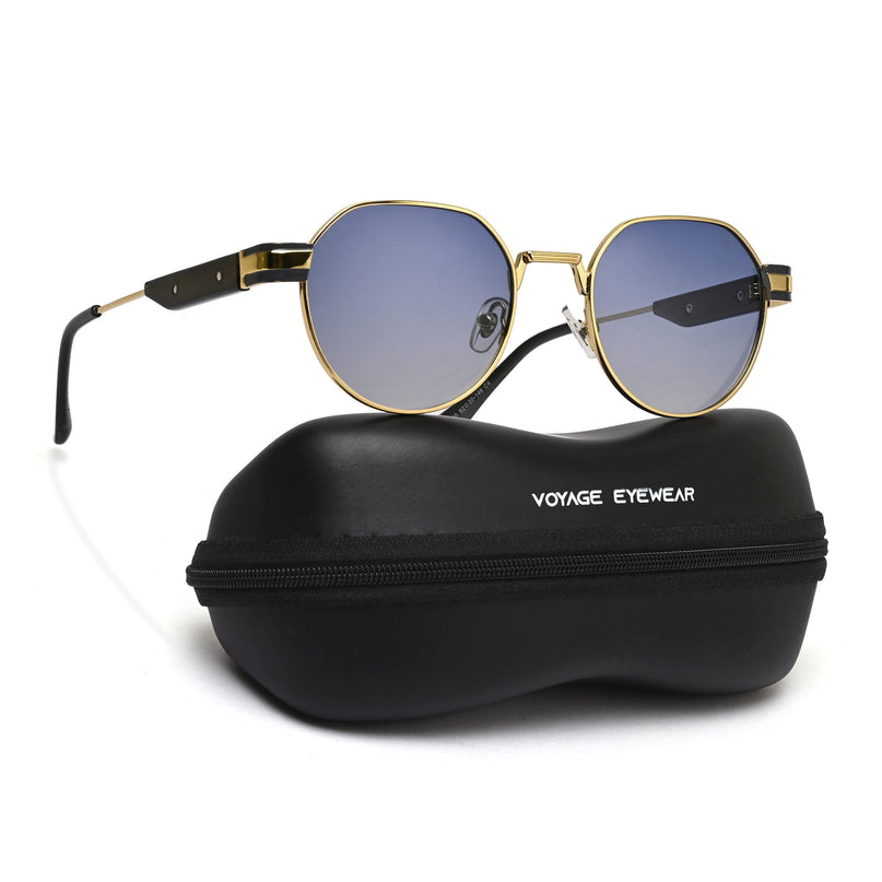 Round Sunglasses for Men & Women (Blue Lens | Golden Frame - MG7838)