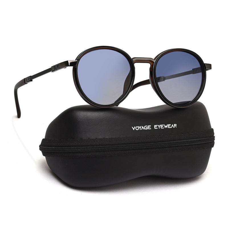 Round Sunglasses for Men & Women (Blue Lens | Brown Frame - MG7833)