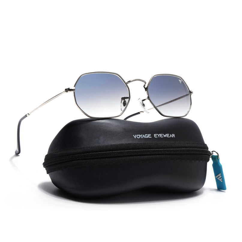 Hexagonal Sunglasses for Men & Women (Blue & Clear Lens | Silver Frame - MG7567)