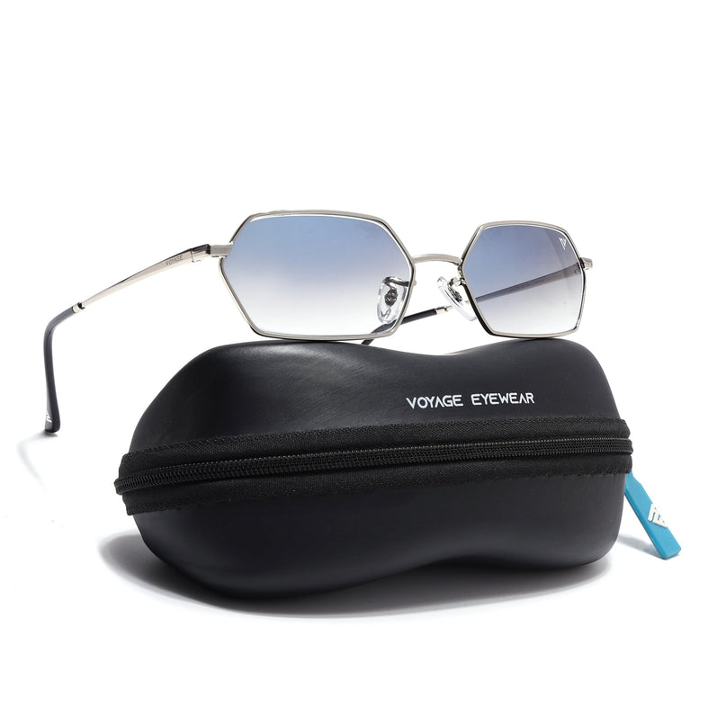 Hexagonal Sunglasses for Men & Women (Blue & Clear Lens | Silver Frame - MG7633)