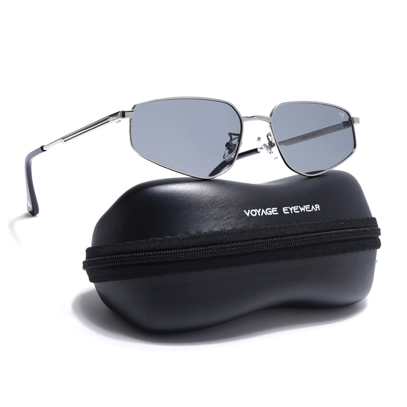 Rectangle Polarized Sunglasses for Men & Women (Light Black Lens | Silver Frame - PMG7642)