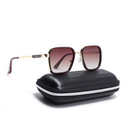Square Polarized Sunglasses for Men & Women (Brown & Clear Lens | Golden & Brown Frame - VOYLB08-C3)
