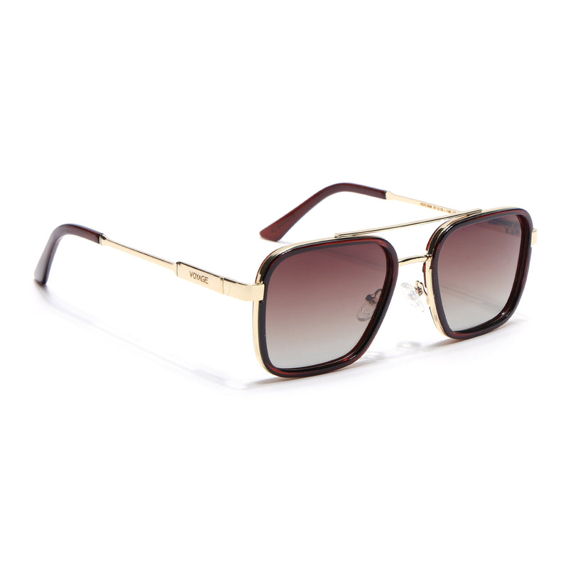 Square Polarized Sunglasses for Men & Women (Brown & Clear Lens | Golden & Brown Frame - VOYLB09-C3)