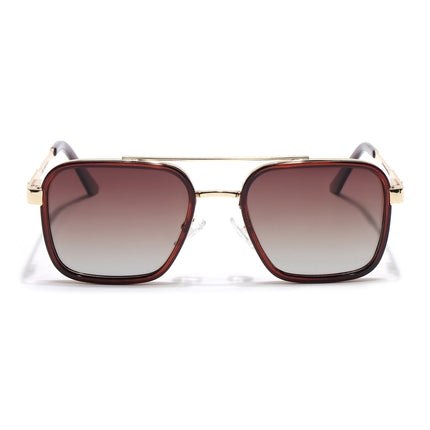 Square Polarized Sunglasses for Men & Women (Brown & Clear Lens | Golden & Brown Frame - VOYLB09-C3)