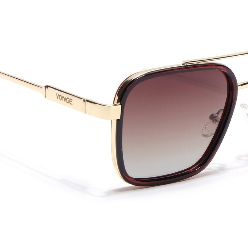 Square Polarized Sunglasses for Men & Women (Brown & Clear Lens | Golden & Brown Frame - VOYLB09-C3)