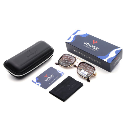 Square Polarized Sunglasses for Men & Women (Brown & Clear Lens | Golden & Brown Frame - VOYLB09-C3)