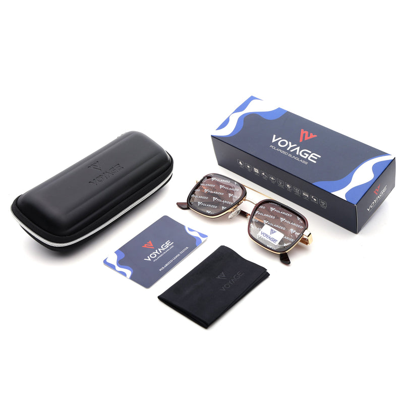 Square Polarized Sunglasses for Men & Women (Brown & Clear Lens | Golden & Brown Frame - VOYLB09-C3)