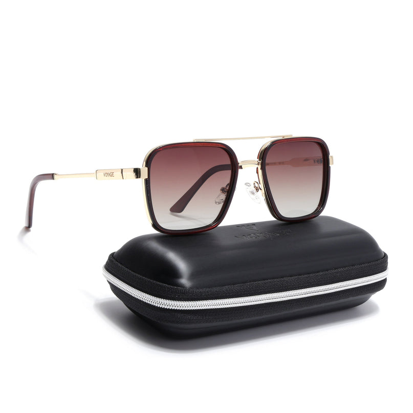Square Polarized Sunglasses for Men & Women (Brown & Clear Lens | Golden & Brown Frame - VOYLB09-C3)
